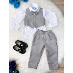 Conjunto Social Camisa Branca C/ Colete Calça Grav. Cinza