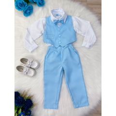 Conjunto Social Camisa Branca C/ Colete Calça Gravata Azul