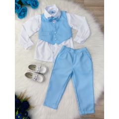 Conjunto Social Camisa Branca C/ Colete Calça Gravata Azul