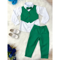 Conjunto Social Camisa Branca C/ Colete Calça Gravata Verde