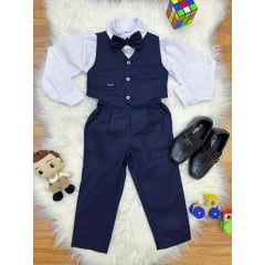 Conjunto Social Camisa Branca Calça e Colete Azul Marinho