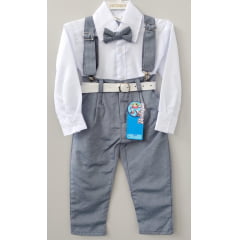 Conjunto Social Camisa Branca Calça Gravata e Susp. Cinza
