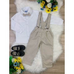 Conjunto Social Camisa Branca Calça Gravata Susp. Bege