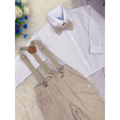 Conjunto Social Camisa Branca Calça Gravata Suspensório Bege