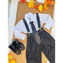 Conjunto Social Camisa Branca Calça Susp. e Gravata Preto