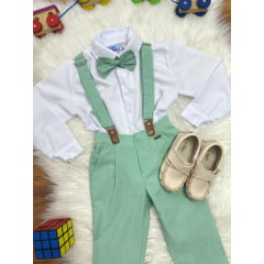 Conjunto Social Camisa Branca Com Calça Gravata e Susp. Verde