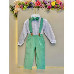 Conjunto Social Camisa Branca Com Calça Gravata e Susp. Verde