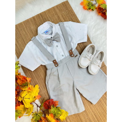Conjunto Social Camisa Branca Com Short Gravata e Susp. Cinza