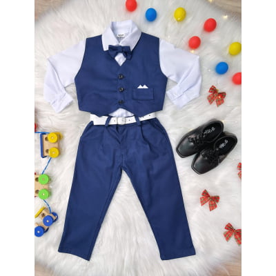 Conjunto Social Camisa Branca e Colete Calça Grav. Azul Mar.