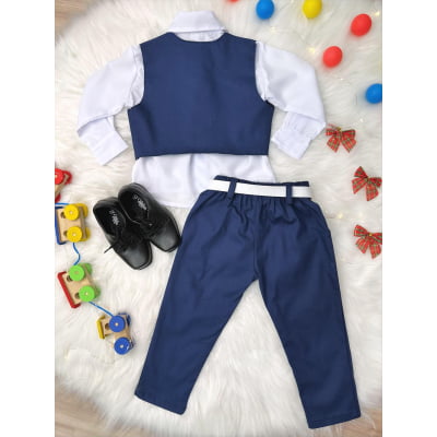 Conjunto Social Camisa Branca e Colete Calça Grav. Azul Mar.