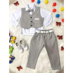 Conjunto Social Camisa Branca e Colete Calça Gravata Cinza