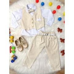 Conjunto Social Camisa Branca e Colete Calça Gravata Marfim