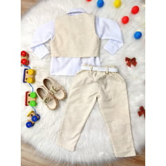 Conjunto Social Camisa Branca e Colete Calça Gravata Marfim