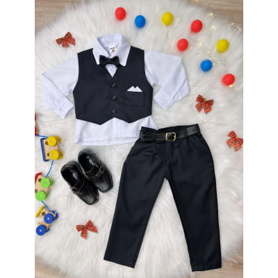 Conjunto Social Camisa Branca e Colete Calça Gravata Preto