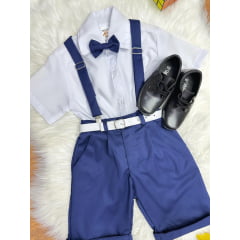 Conjunto Social Camisa Branca e Short Susp. Gravata Azul Marinho