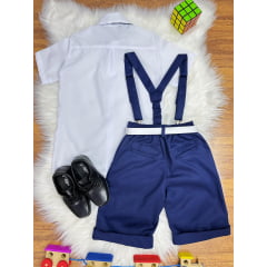 Conjunto Social Camisa Branca e Short Susp. Gravata Azul Marinho