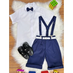 Conjunto Social Camisa Branca e Short Susp. Gravata Azul Marinho