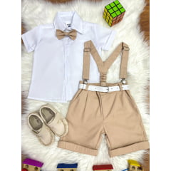 Conjunto Social Camisa Branca e Short Susp. Gravata Caqui