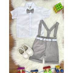 Conjunto Social Camisa Branca e Short Susp. Gravata Cinza