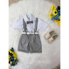 Conjunto Social Camisa Branca e Short Susp. Gravata Cinza