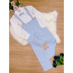 Conjunto Social Camisa Branca Gravata Calça Suspensório Azul