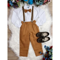 Conjunto Social Camisa Branco e Calça Gravata Susp. Caramelo