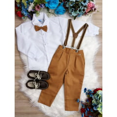 Conjunto Social Camisa Branco e Calça Gravata Susp. Caramelo