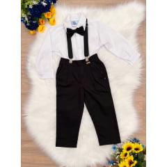 Conjunto Social Camisa Branco e Calça Gravata Susp. Preto