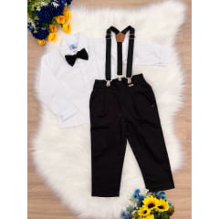 Conjunto Social Camisa Branco e Calça Gravata Susp. Preto