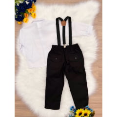 Conjunto Social Camisa Branco e Calça Gravata Susp. Preto