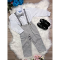 Conjunto Social Camisa Branco e Calça Susp. Gravata Cinza