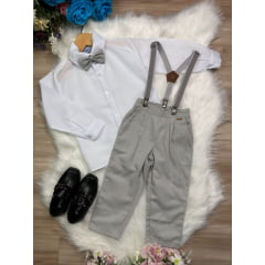 Conjunto Social Camisa Branco e Calça Susp. Gravata Cinza