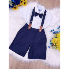 Conjunto Social Camisa Branco Gravata Short Suspensório Azul