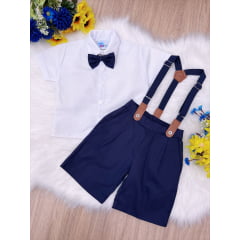 Conjunto Social Camisa Branco Gravata Short Suspensório Azul