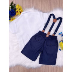 Conjunto Social Camisa Branco Gravata Short Suspensório Azul