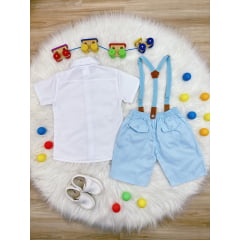 Conjunto Social Camisa Branco Short Gravata Susp. Azul Bebê