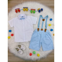 Conjunto Social Camisa Branco Short Gravata Susp. Azul Bebê