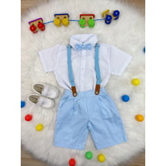 Conjunto Social Camisa Branco Short Gravata Susp. Azul Bebê