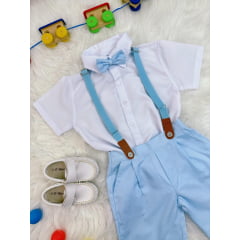 Conjunto Social Camisa Branco Short Gravata Susp. Azul Bebê