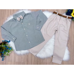 Conjunto Social Camisa Cinza Listrada Calça Bege C/ Cinto
