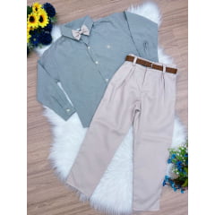 Conjunto Social Camisa Cinza Listrada Calça Bege C/ Cinto