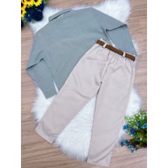 Conjunto Social Camisa Cinza Listrada Calça Bege C/ Cinto