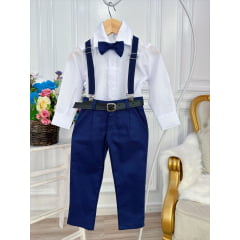 Conjunto Social Camisa Gravata Calça e Susp. Azul Marinho