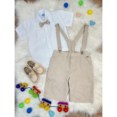 Conjunto Social Camisa Gravata Short Com Suspensório Bege