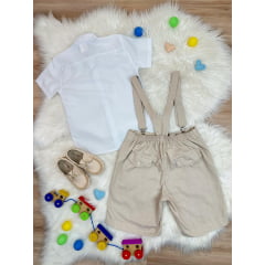 Conjunto Social Camisa Gravata Short Com Suspensório Bege