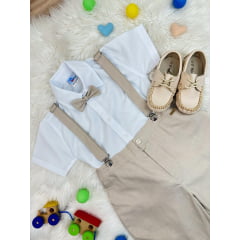 Conjunto Social Camisa Gravata Short Com Suspensório Bege