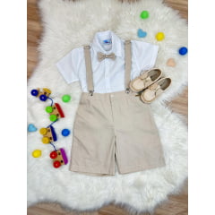 Conjunto Social Camisa Gravata Short Com Suspensório Bege