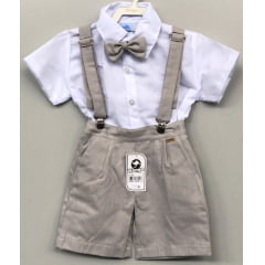 Conjunto Social Camisa Gravata Short Com Suspensório Cinza