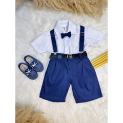 Conjunto Social Camisa Gravata Short e Susp. Azul Marinho