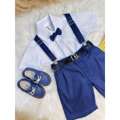 Conjunto Social Camisa Gravata Short e Susp. Azul Marinho